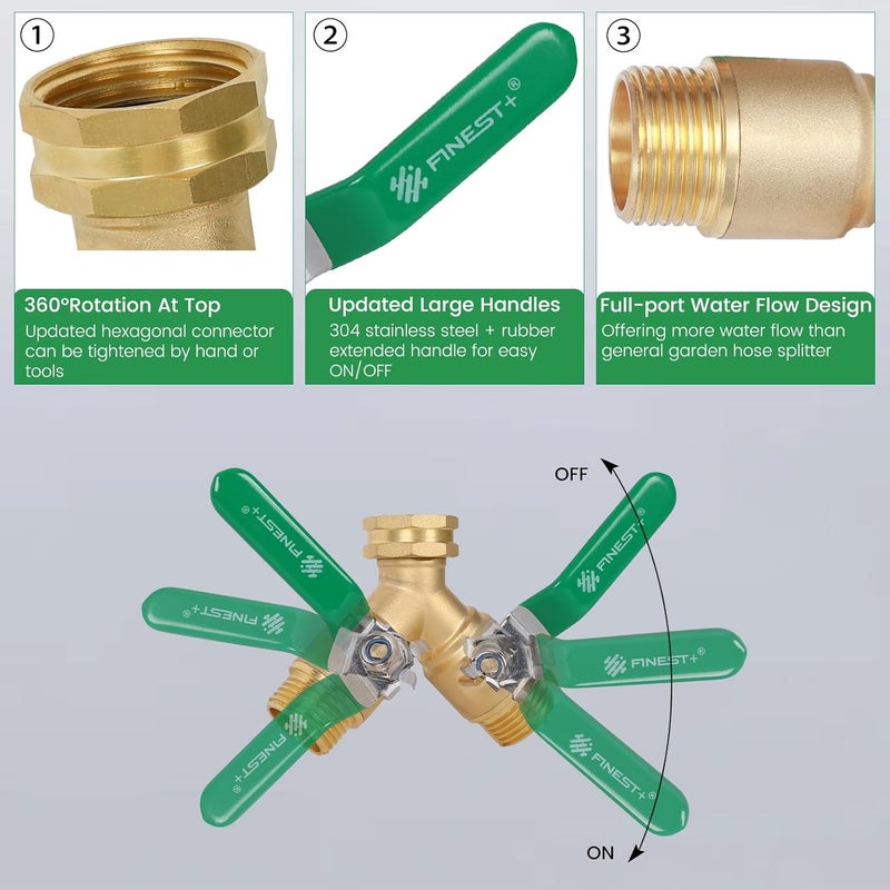 Finest Garden Hose Splitter 2 Way, Heavy Duty Brass Y Valve Garden Hose Splitter With Stainless Steel Long Handle, Full Flow Hose Splitter Connector, Y Valve 3/4 Inch GHT Thread - Image 5
